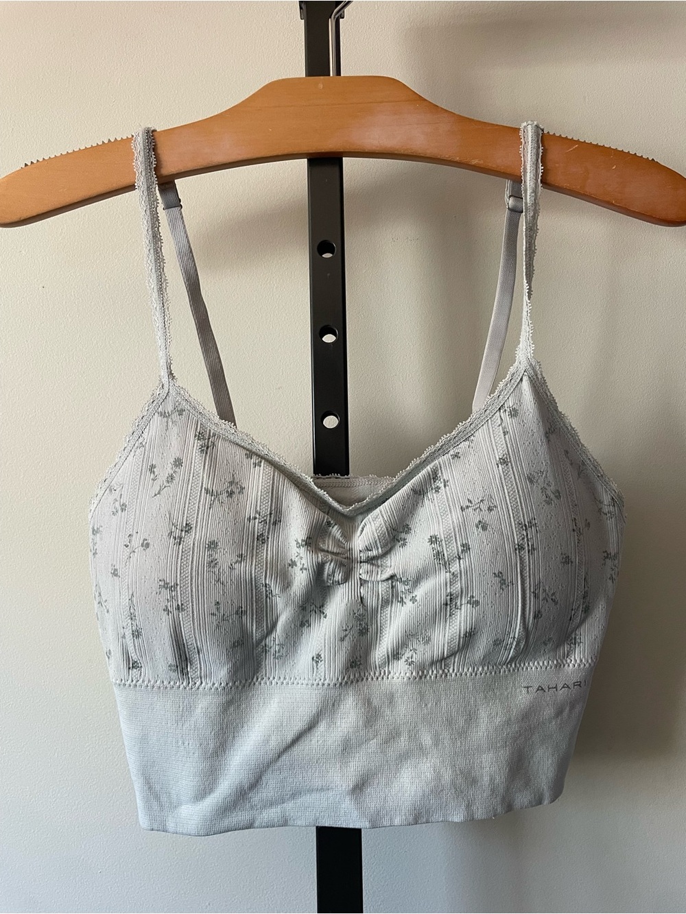 Tahari Ditsy Floral Seamless Longline Bralette Crop Top Light Blue Gray Coquette